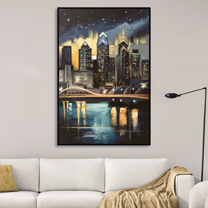 Philadelphia Skyline at Night Sitting Room - Black Canvas Wall Art