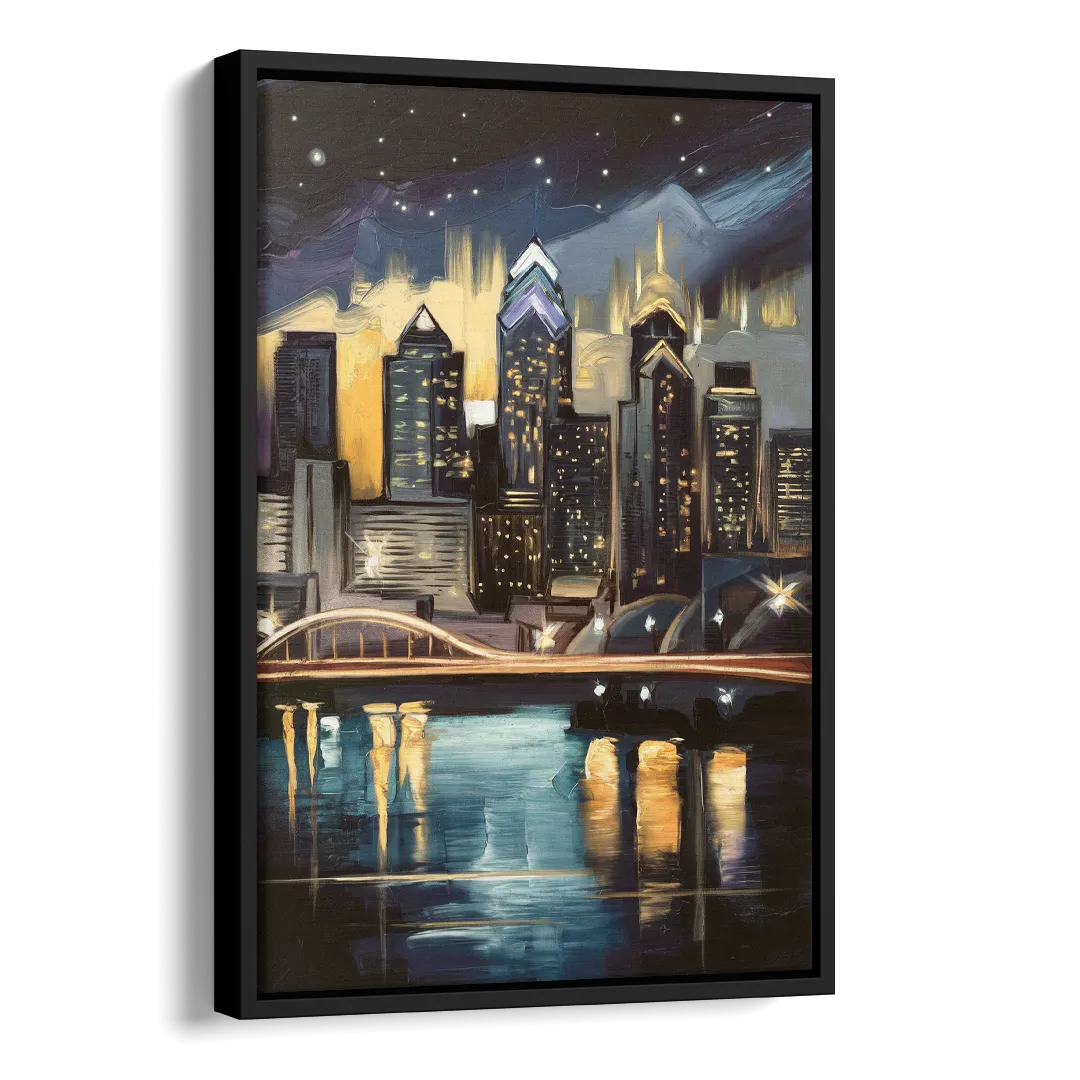 Philadelphia Skyline at Night Side - Black Canvas Wall Art