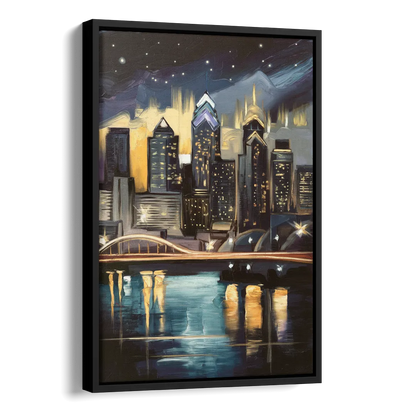 Philadelphia Skyline at Night Side - Black Canvas Wall Art