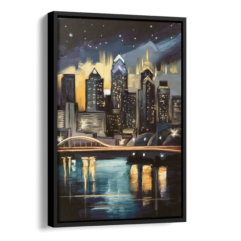 Philadelphia Skyline at Night Side - Black Canvas Wall Art