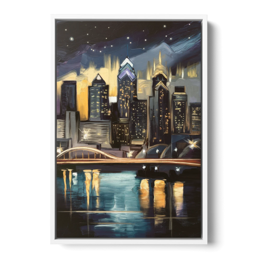 Philadelphia Skyline at Night - White Framed Canvas Wall Art - Front
