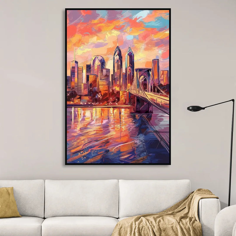 Philadelphia Skyline at Sunset Living Room - Black Canvas Wall Art