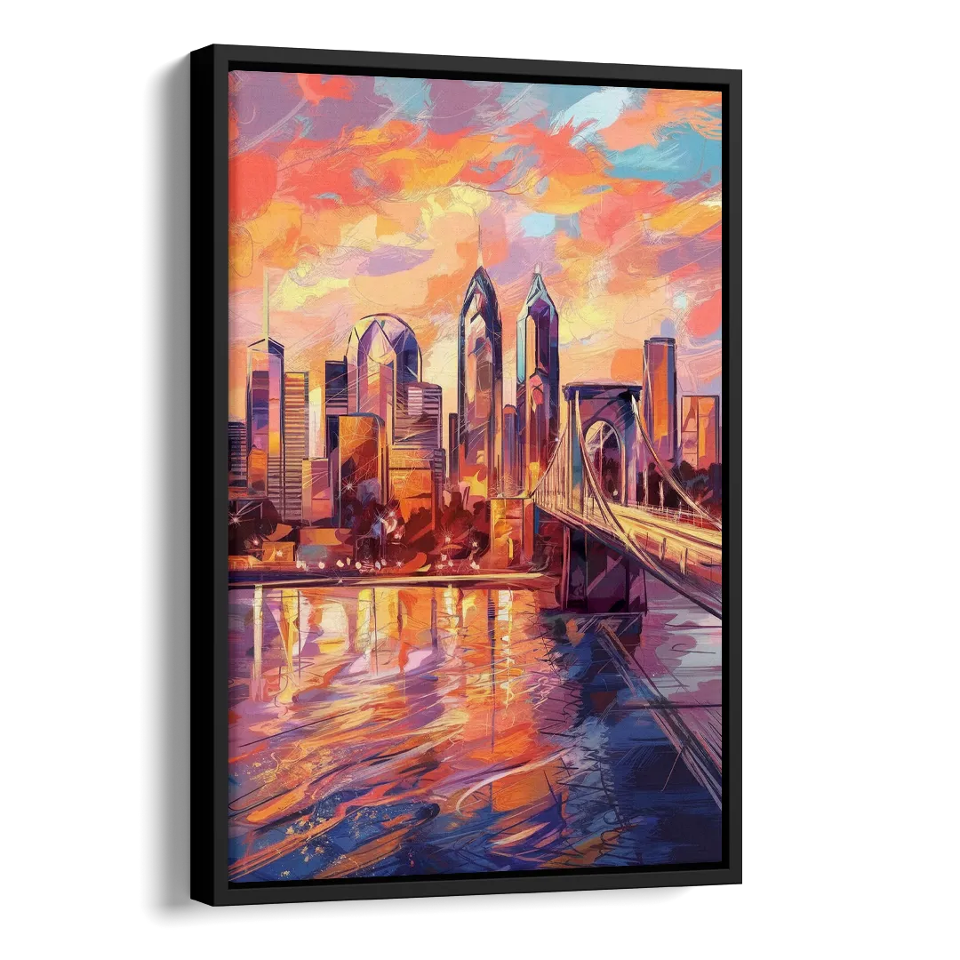 Philadelphia Skyline at Sunset Side - Black Canvas Wall Art