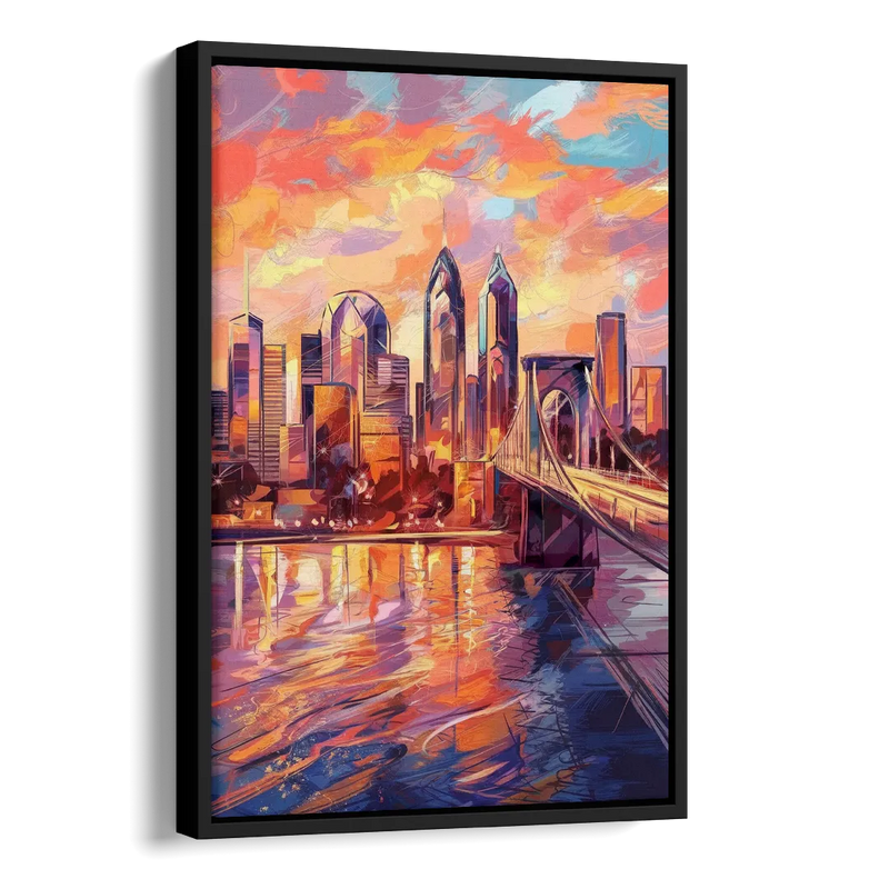 Philadelphia Skyline at Sunset Side - Black Canvas Wall Art