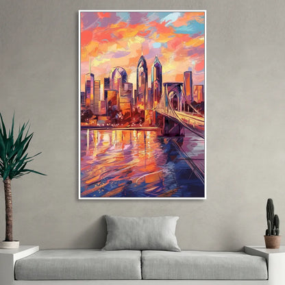 Philadelphia Skyline at Sunset Living Room - White Canvas Wall Art