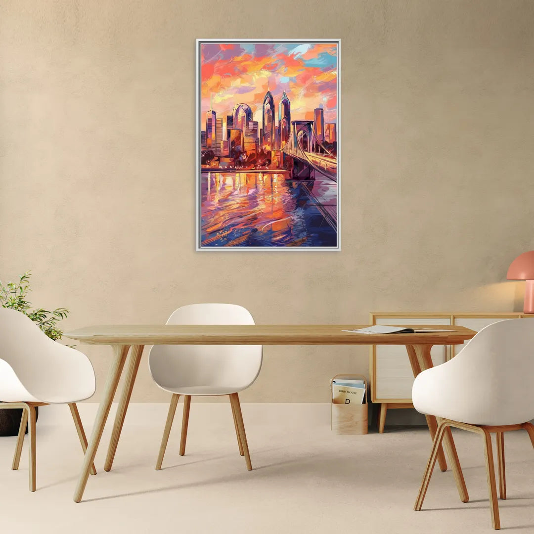 Philadelphia Skyline at Sunset - Living Room White Frame Canvas