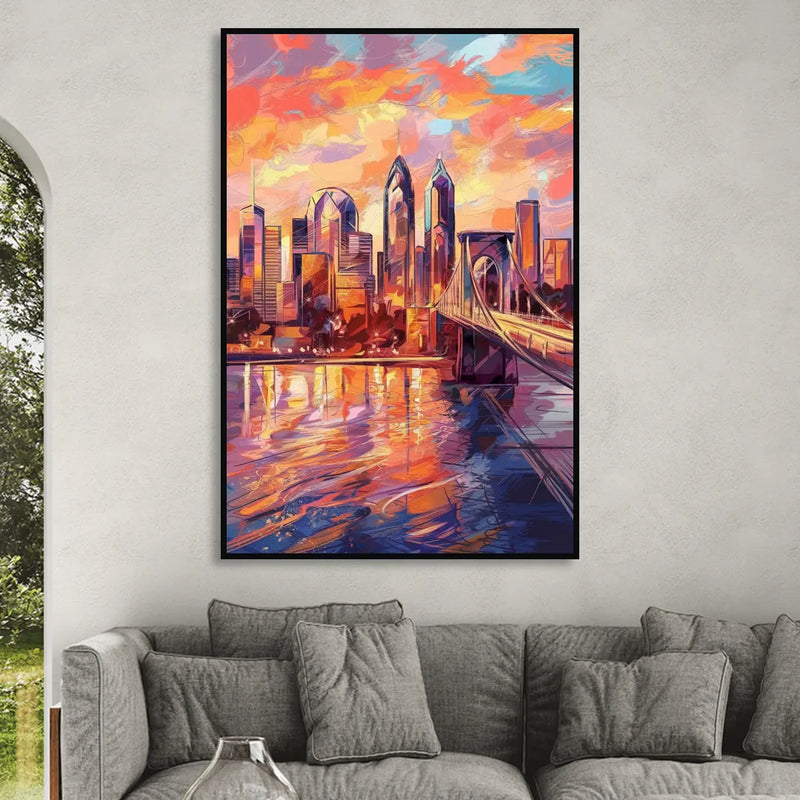 Philadelphia Skyline at Sunset Sitting Room - Black Canvas Wall Art