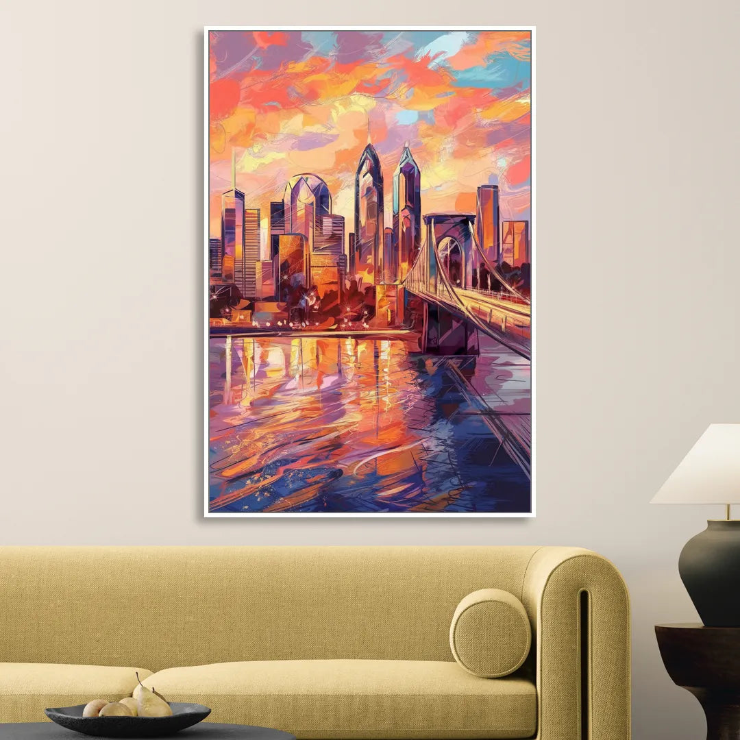 Philadelphia Skyline at Sunset Sitting Room - White Canvas Wall Art