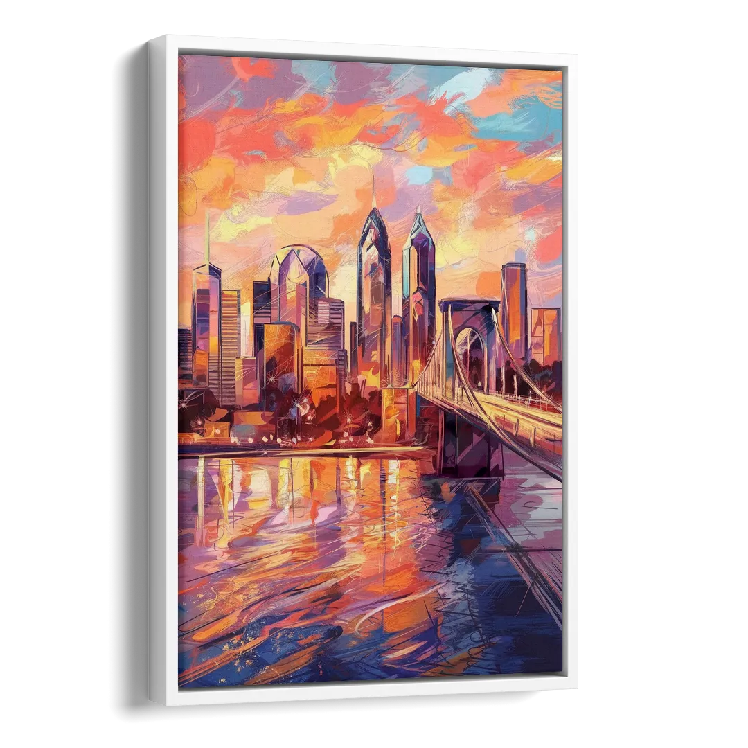 Philadelphia Skyline at Sunset Side - White Canvas Wall Art