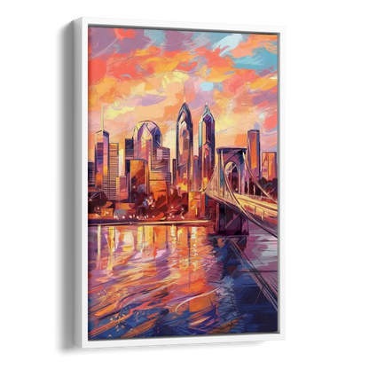 Philadelphia Skyline at Sunset Side - White Canvas Wall Art