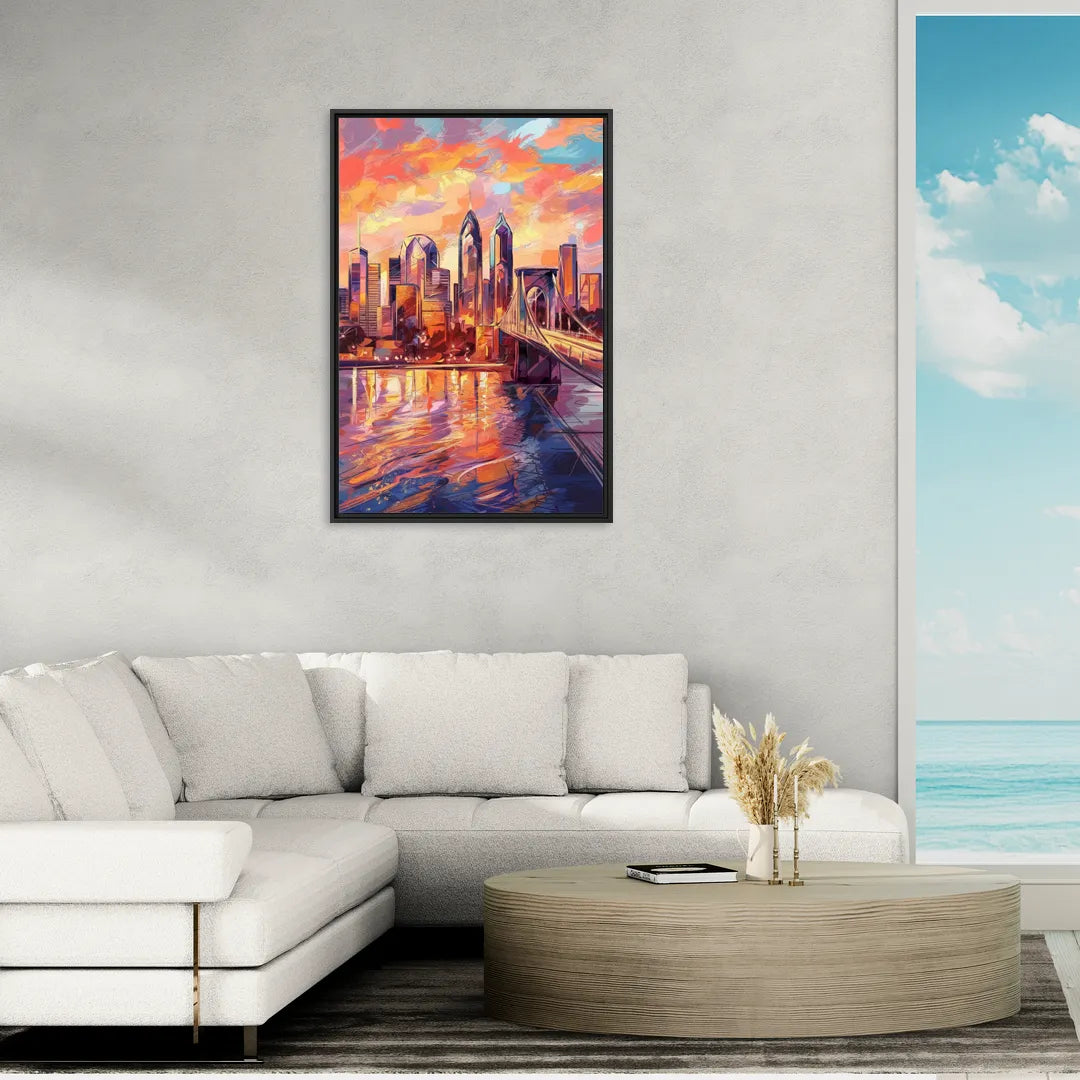 Philadelphia Skyline at Sunset - Living Room Black Frame Canvas