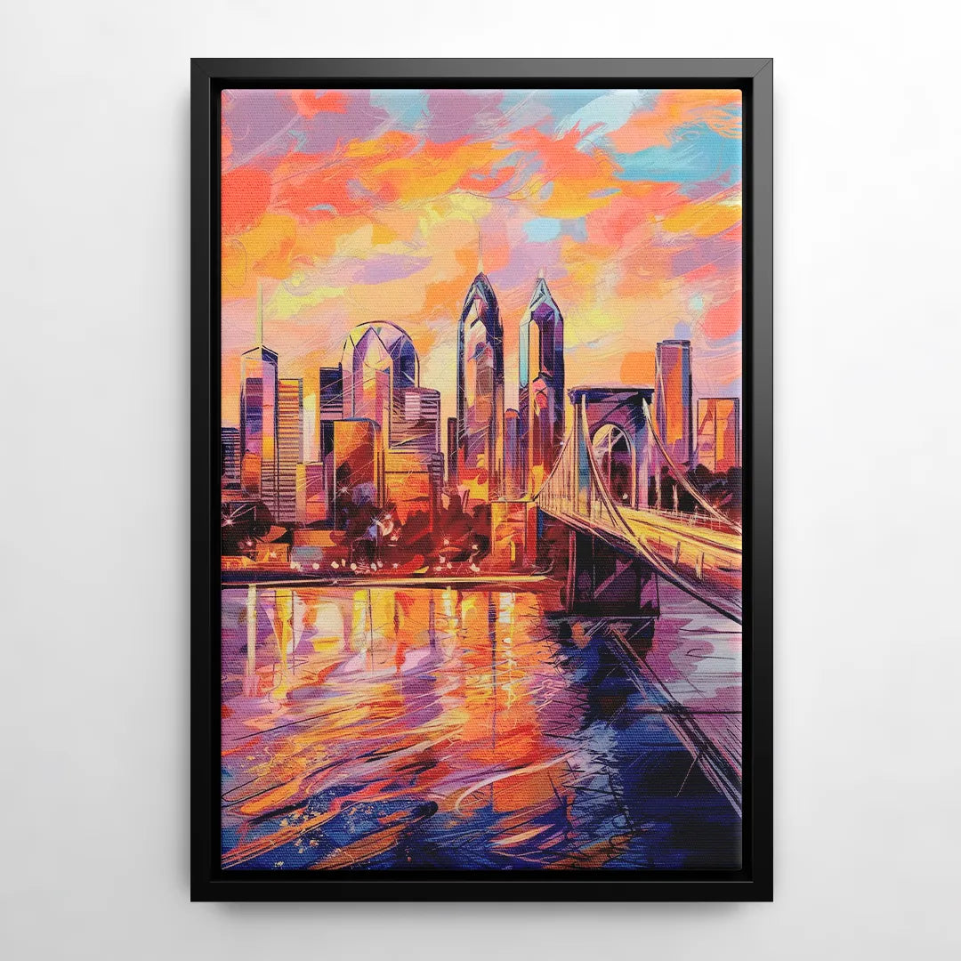Philadelphia Skyline at Sunset - Black Frame Canvas