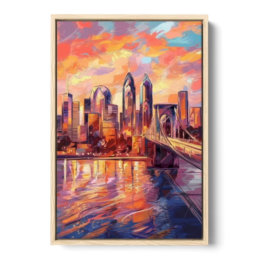 Philadelphia Skyline at Sunset - Oak Framed Canvas Wall Art - Front
