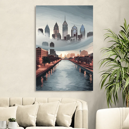 Philadelphia Skyline in Fog Living Room - Canvas Wall Art