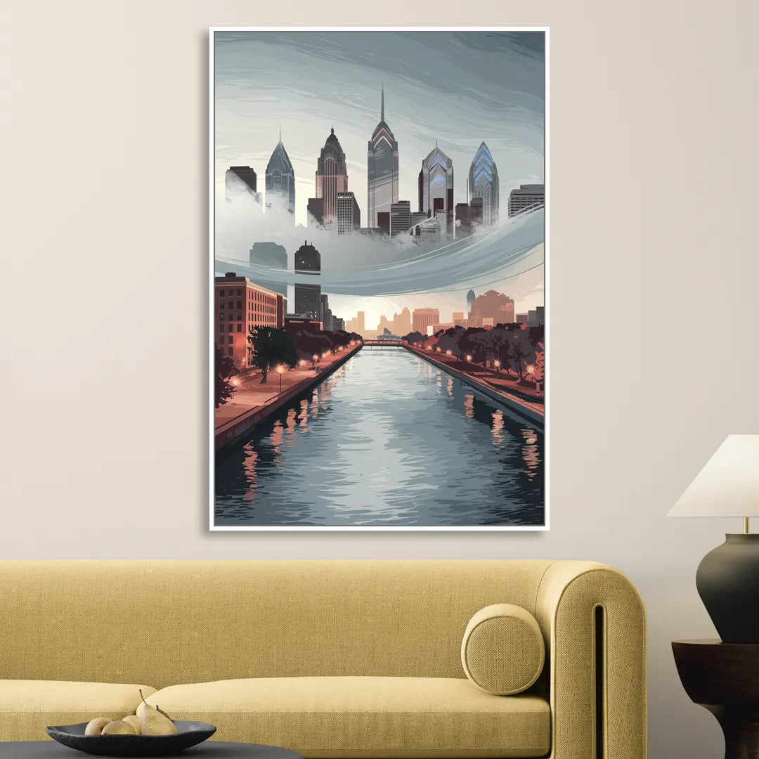 Philadelphia Skyline in Fog Living Room - White Canvas Wall Art