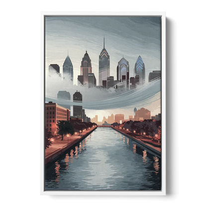 Philadelphia Skyline in Fog Front - White Canvas Wall Art