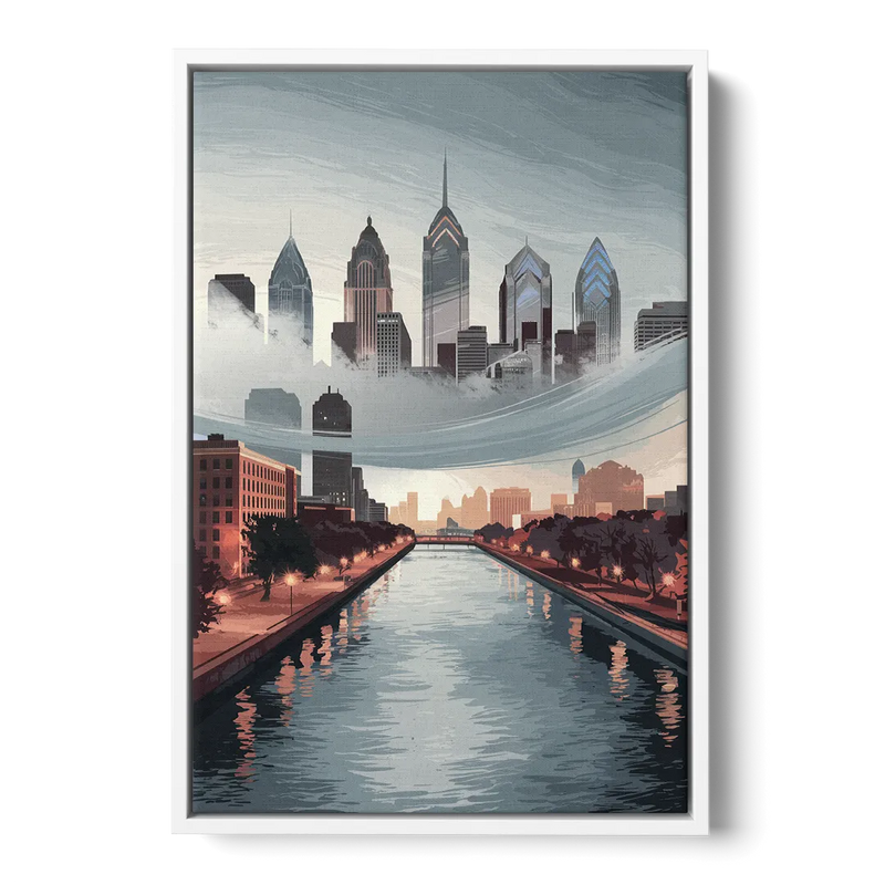 Philadelphia Skyline in Fog Front - White Canvas Wall Art