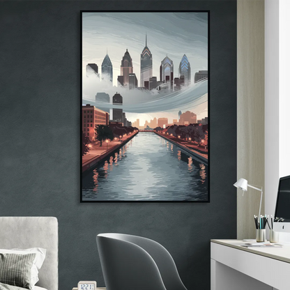 Philadelphia Skyline in Fog Sitting Room - Black Canvas Wall Art