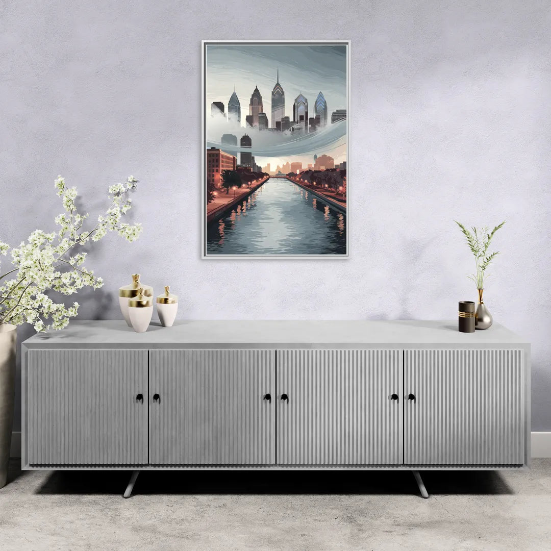 Philadelphia Skyline in Fog - Living Room White Frame Canvas