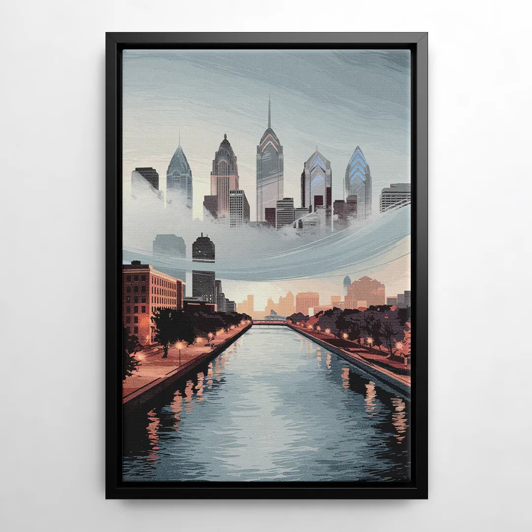 Philadelphia Skyline in Fog - Black Frame Canvas