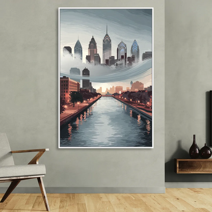 Philadelphia Skyline in Fog Sitting Room - White Canvas Wall Art