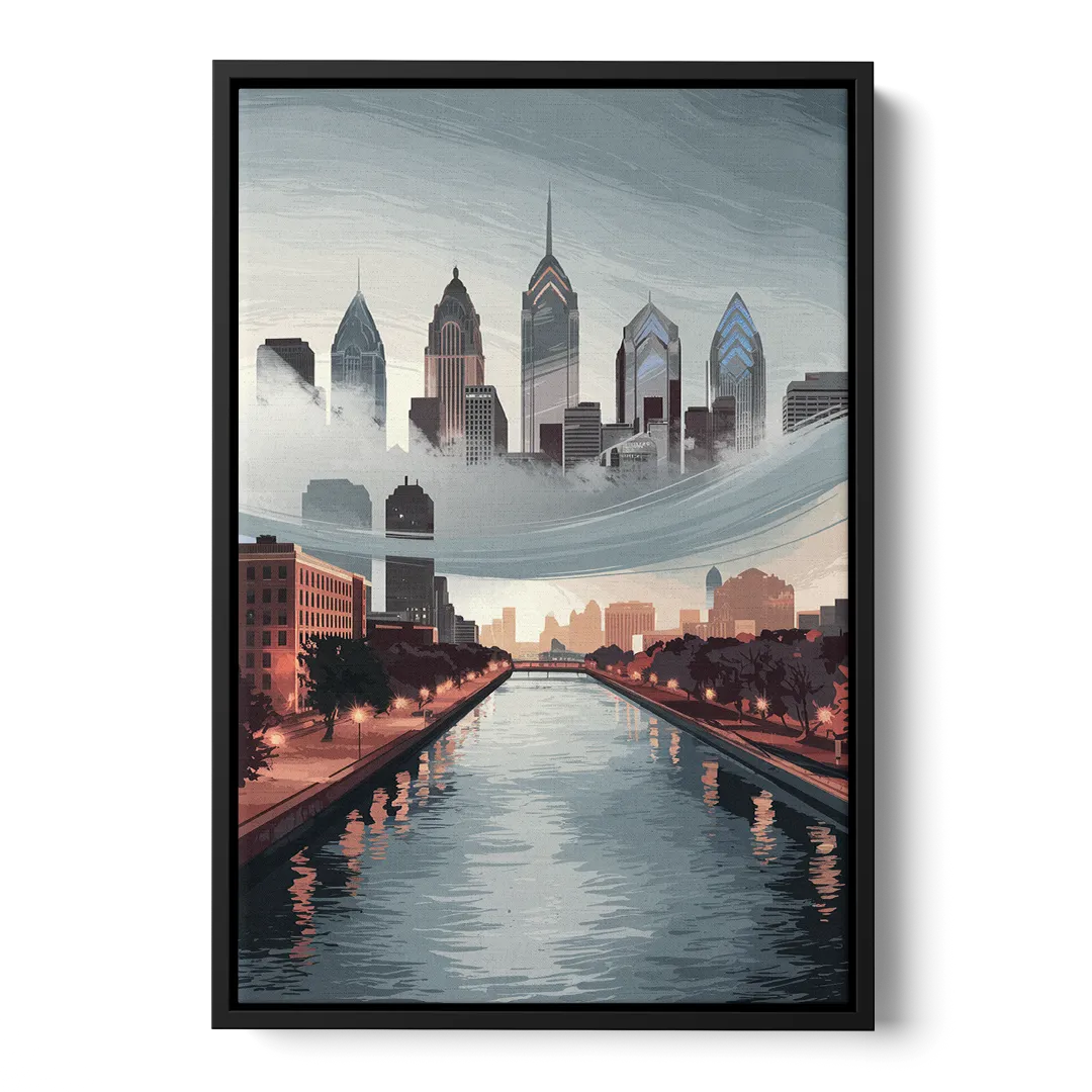 Philadelphia Skyline in Fog Front - Black Canvas Wall Art