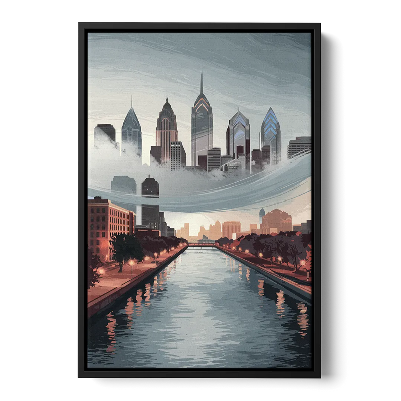 Philadelphia Skyline in Fog Front - Black Canvas Wall Art