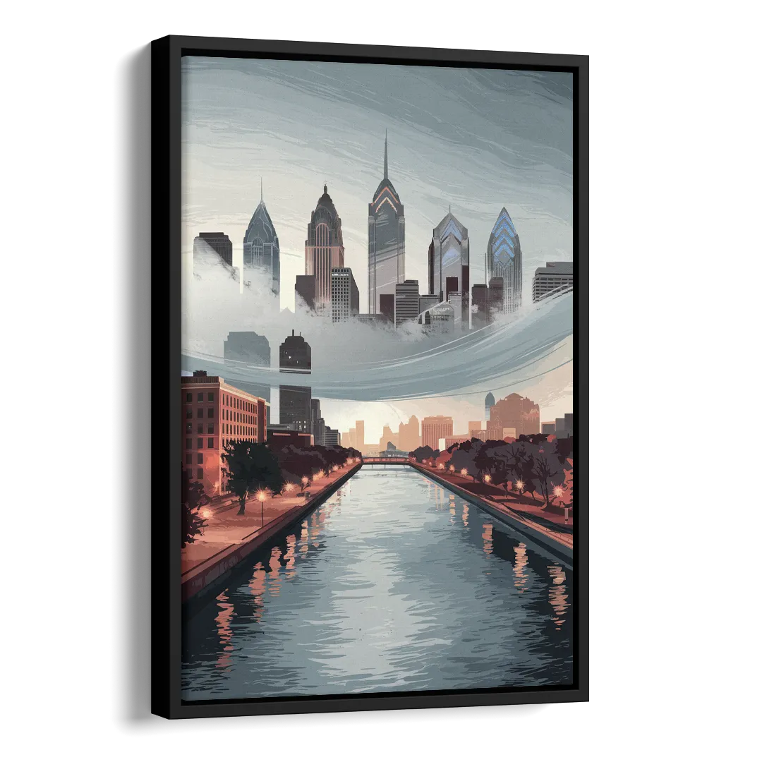 Philadelphia Skyline in Fog Side - Black Canvas Wall Art