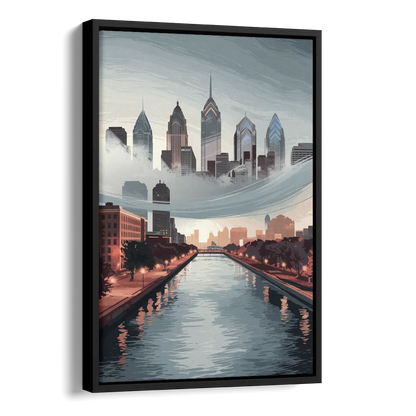 Philadelphia Skyline in Fog Side - Black Canvas Wall Art