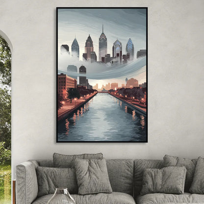 Philadelphia Skyline in Fog Living Room - Black Canvas Wall Art