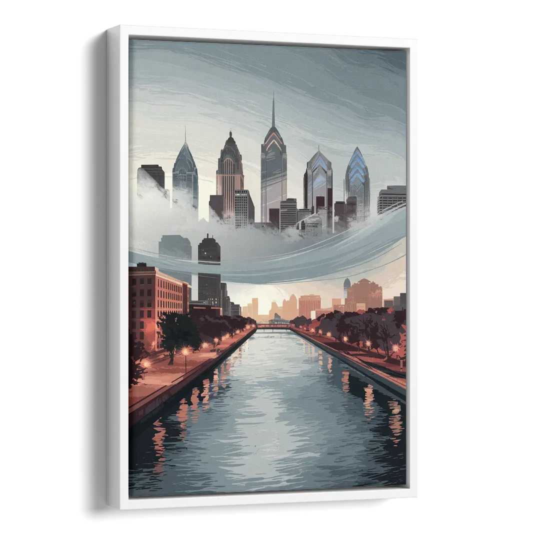 Philadelphia Skyline in Fog Side - White Canvas Wall Art