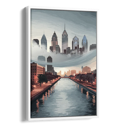 Philadelphia Skyline in Fog Side - White Canvas Wall Art
