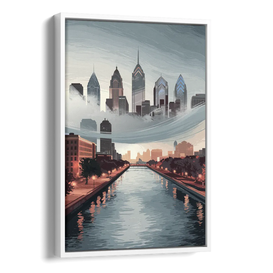 Philadelphia Skyline in Fog Side - White Canvas Wall Art