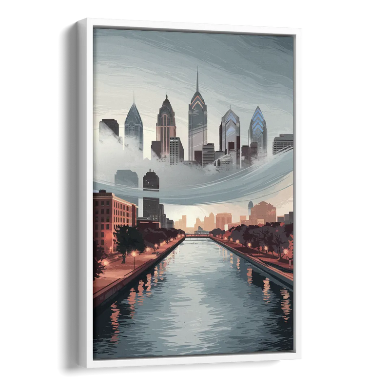 Philadelphia Skyline in Fog Side - White Canvas Wall Art