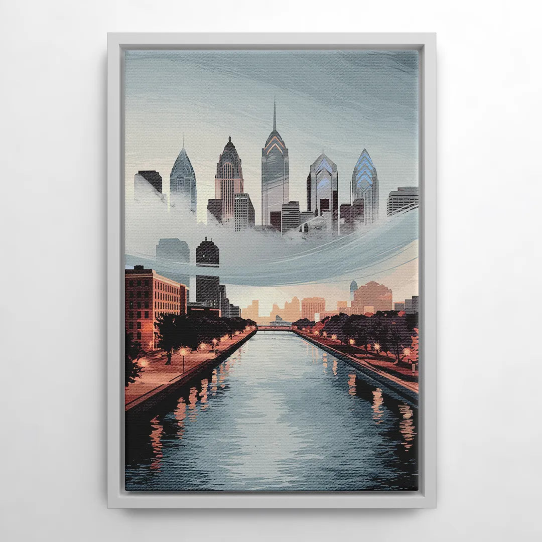 Philadelphia Skyline in Fog - White Frame Canvas
