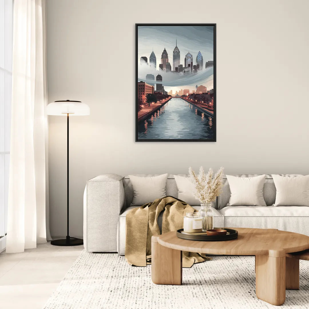 Philadelphia Skyline in Fog - Living Room Black Frame Canvas