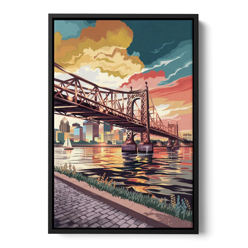 Philadelphia Waterfront Front - Black Canvas Wall Art