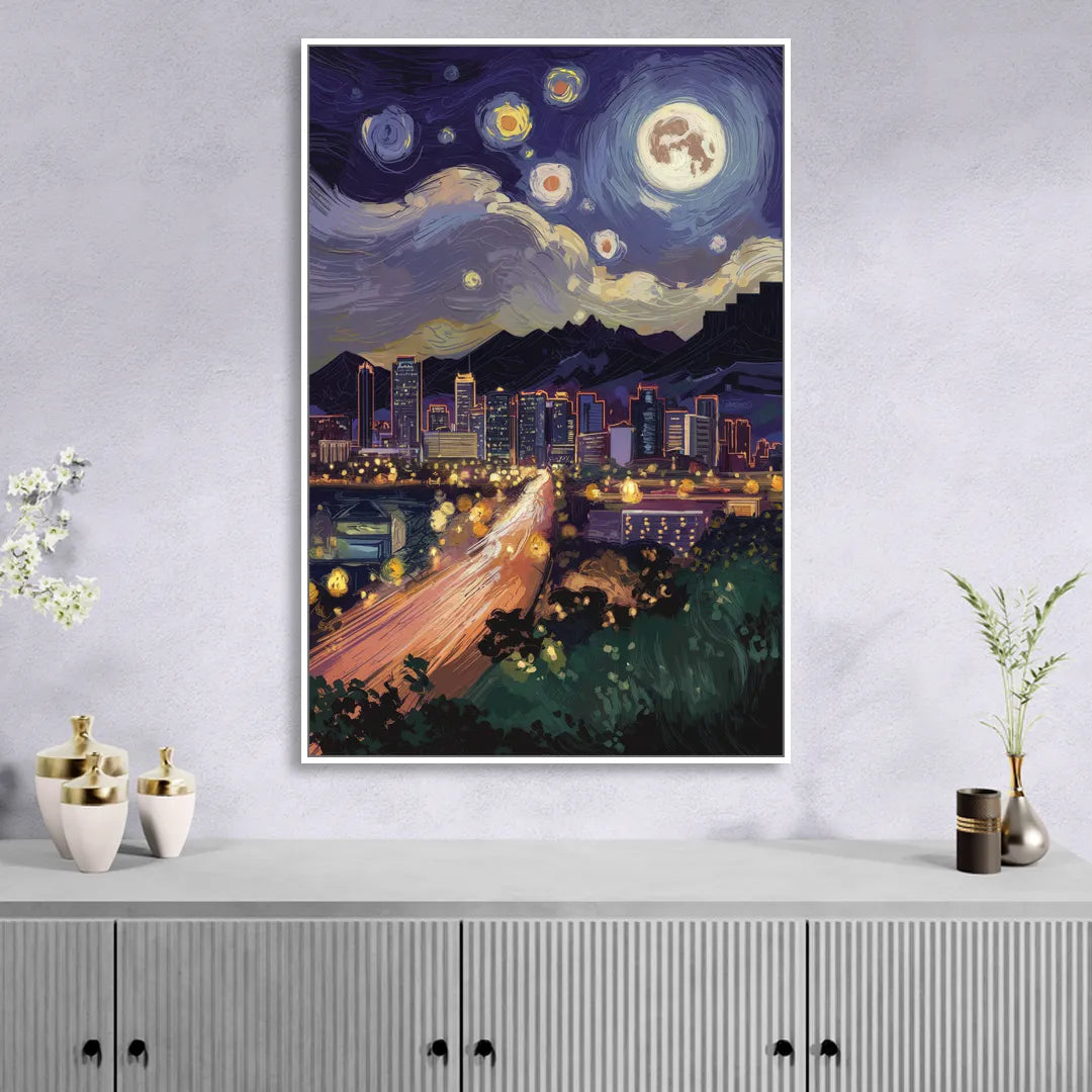Phoenix Arizona Nightscape Sitting Room - White Canvas Wall Art