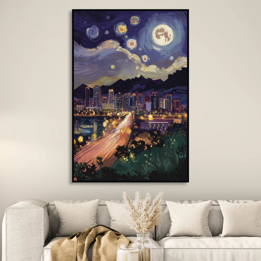 Phoenix Arizona Nightscape Sitting Room - Black Canvas Wall Art