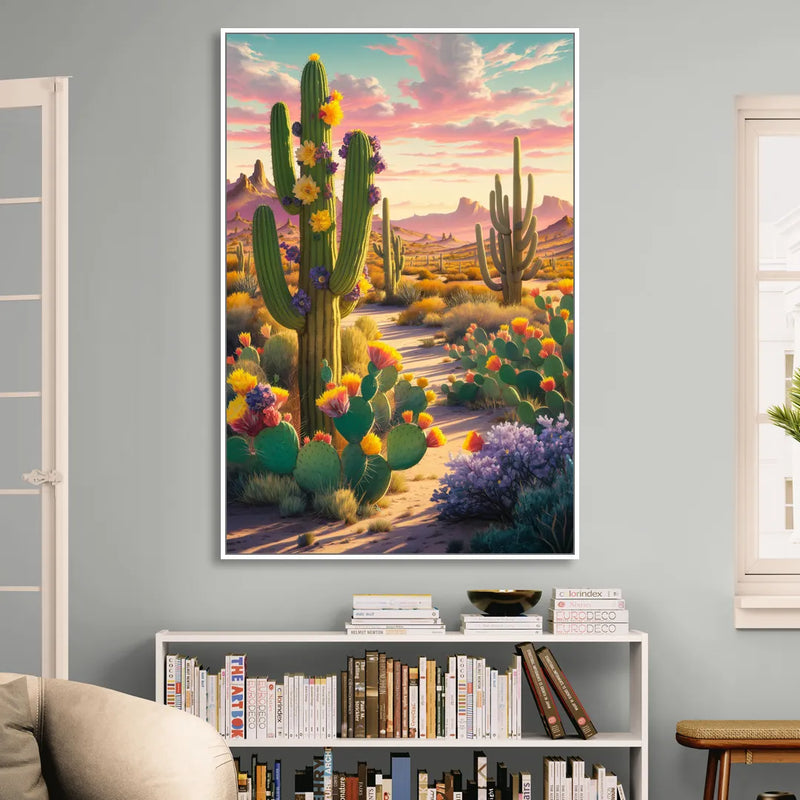 Phoenix Cactus Scene Sitting Room - White Canvas Wall Art