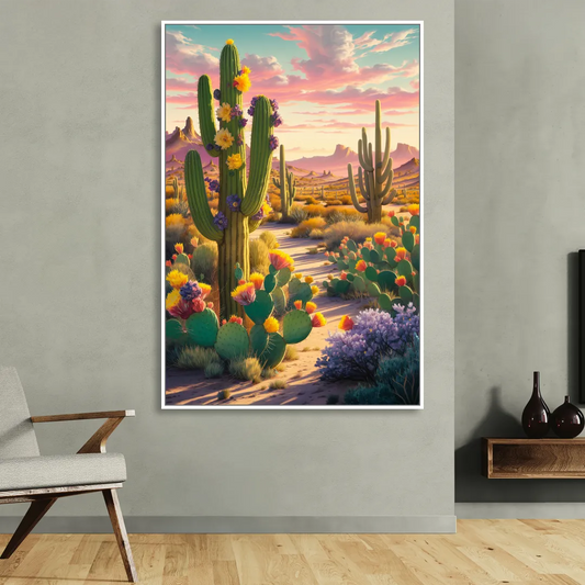 Phoenix Cactus Scene Living Room - White Canvas Wall Art