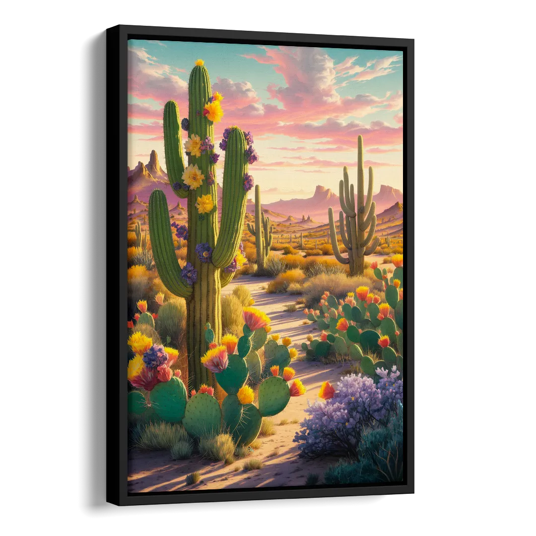 Phoenix Cactus Scene Side - Black Canvas Wall Art