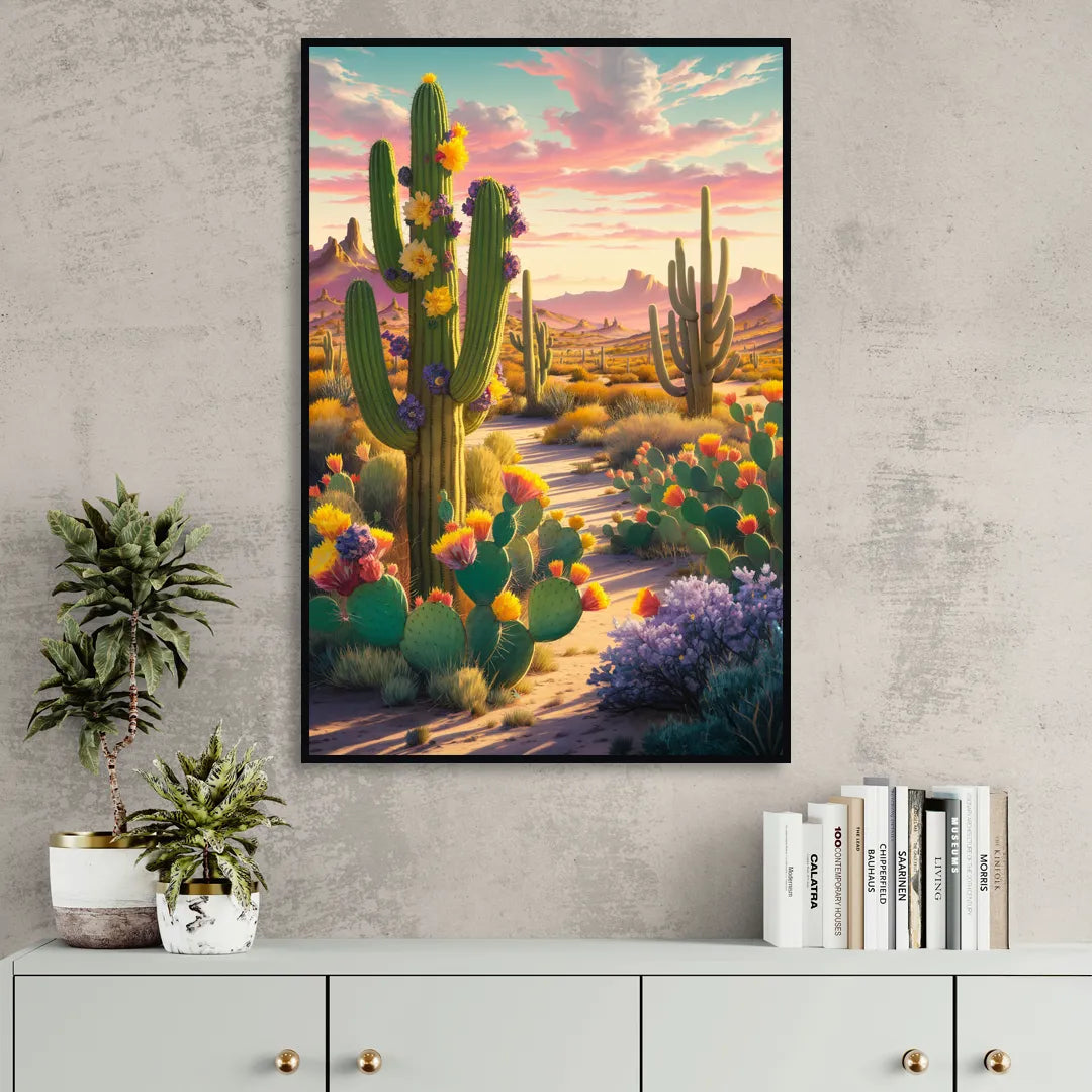 Phoenix Cactus Scene Sitting Room - Black Canvas Wall Art