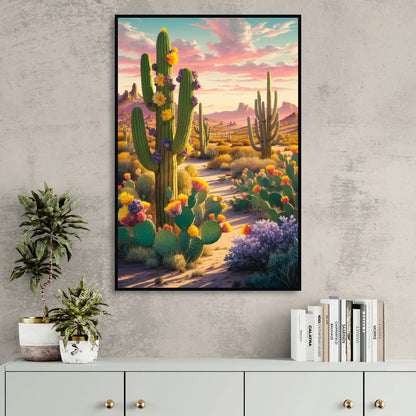 Phoenix Cactus Scene Sitting Room - Black Canvas Wall Art