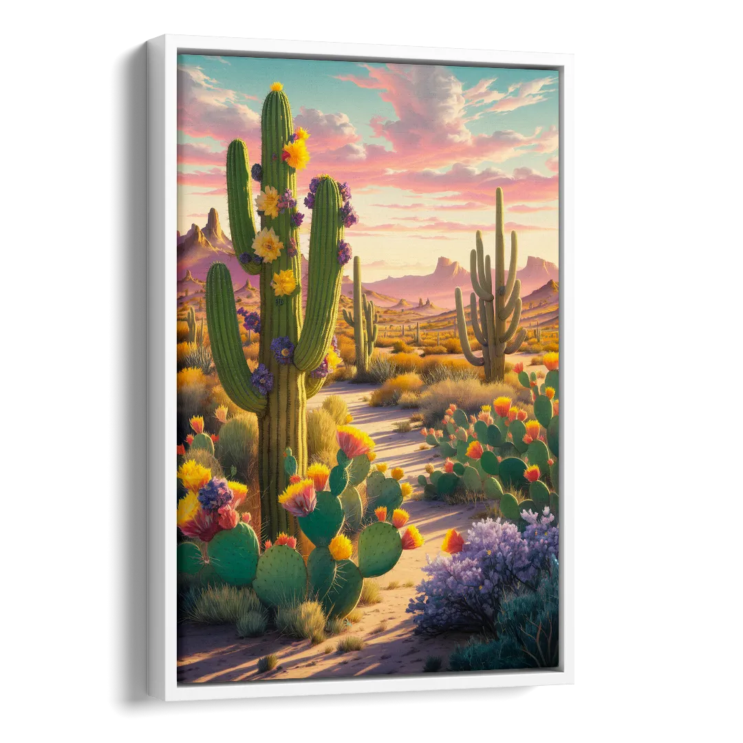 Phoenix Cactus Scene Side - White Canvas Wall Art
