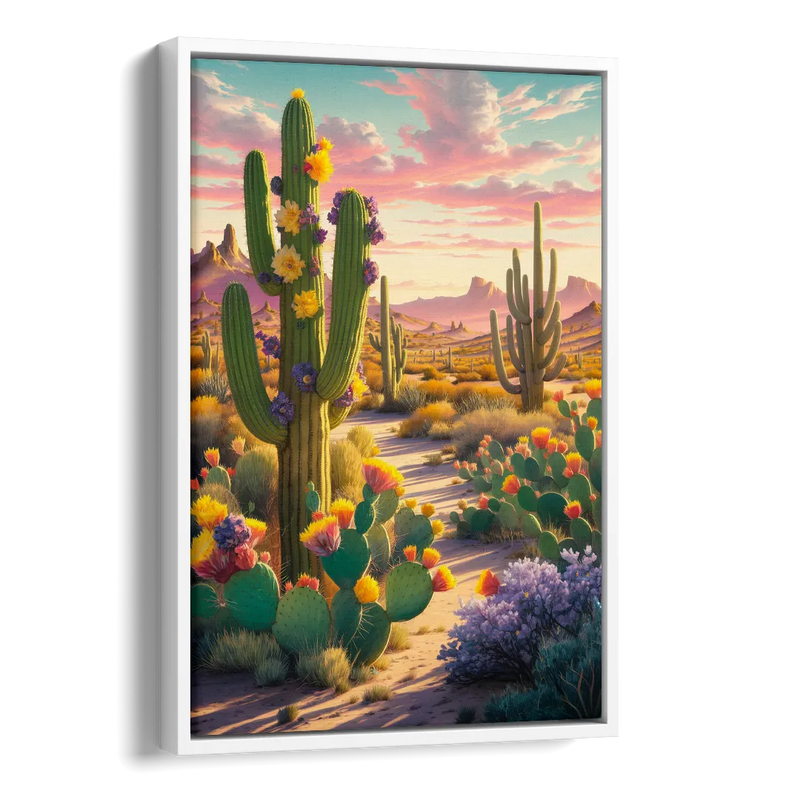Phoenix Cactus Scene Side - White Canvas Wall Art