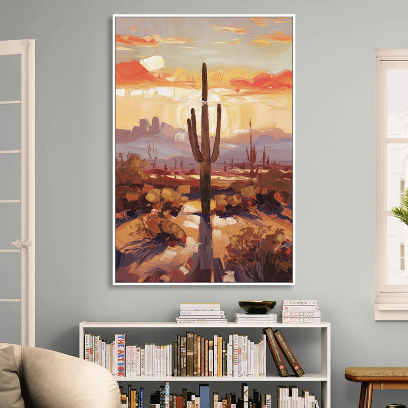 Phoenix Cactus Silhouette Living Room - White Canvas Wall Art
