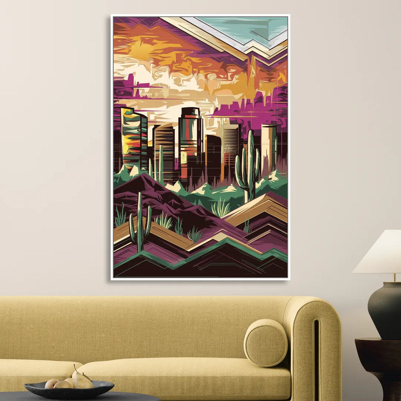 Phoenix Skyline at Sunset Living Room - White Canvas Wall Art