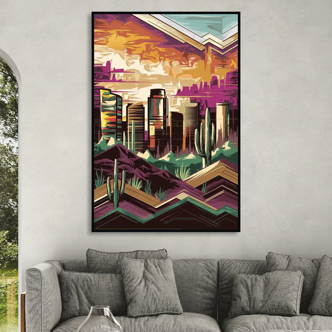 Phoenix Skyline at Sunset Living Room - Black Canvas Wall Art