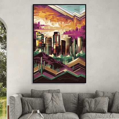 Phoenix Skyline at Sunset Living Room - Black Canvas Wall Art